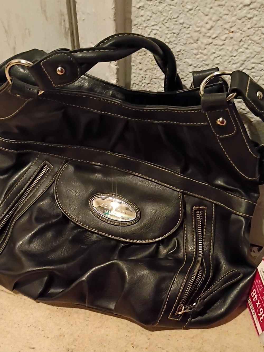 Black Faux-Leather Shoulder Bag with Silver Accent
